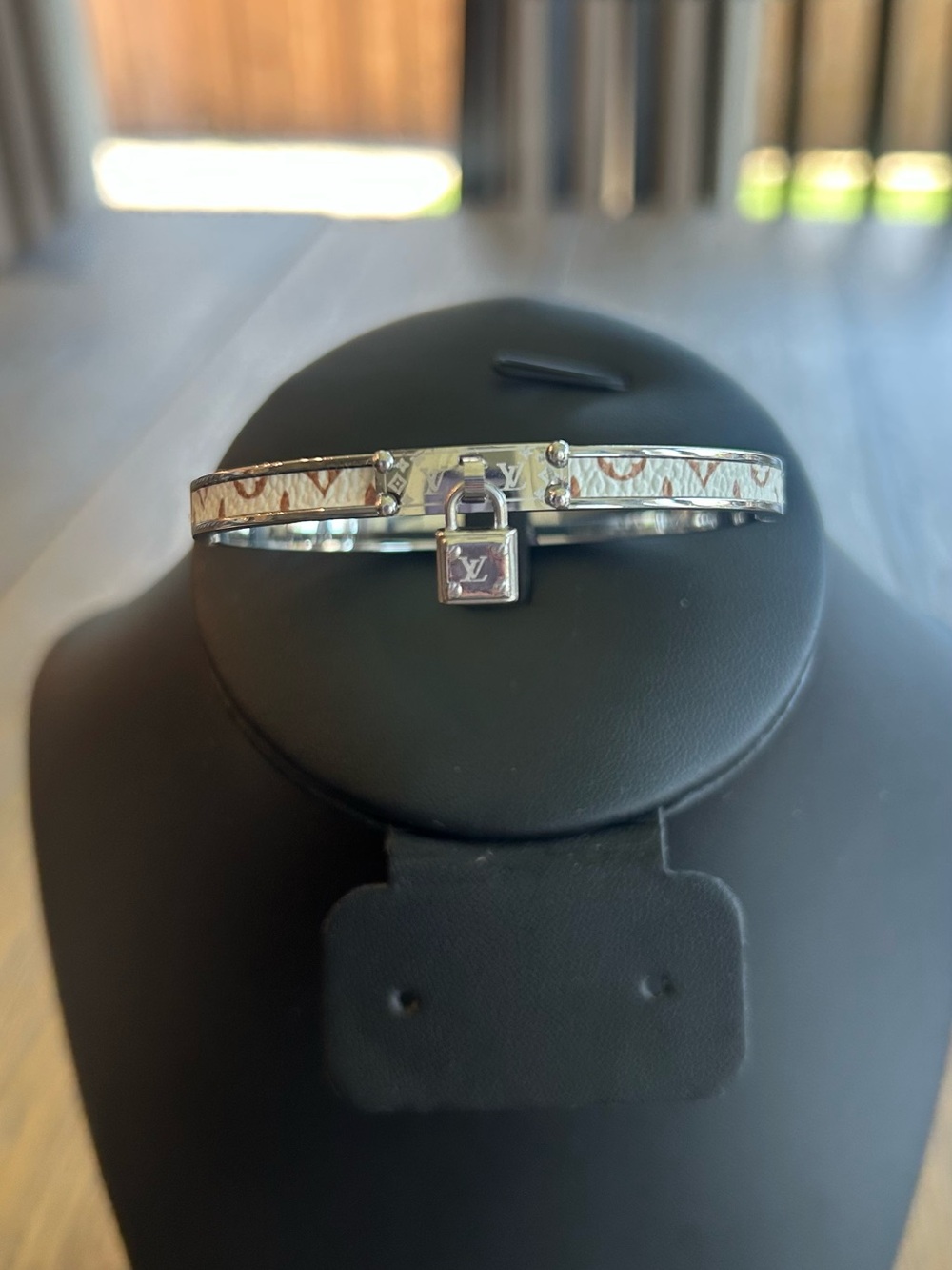 Silver Tone  Beige Monogram Padlock Bangle Bracelet